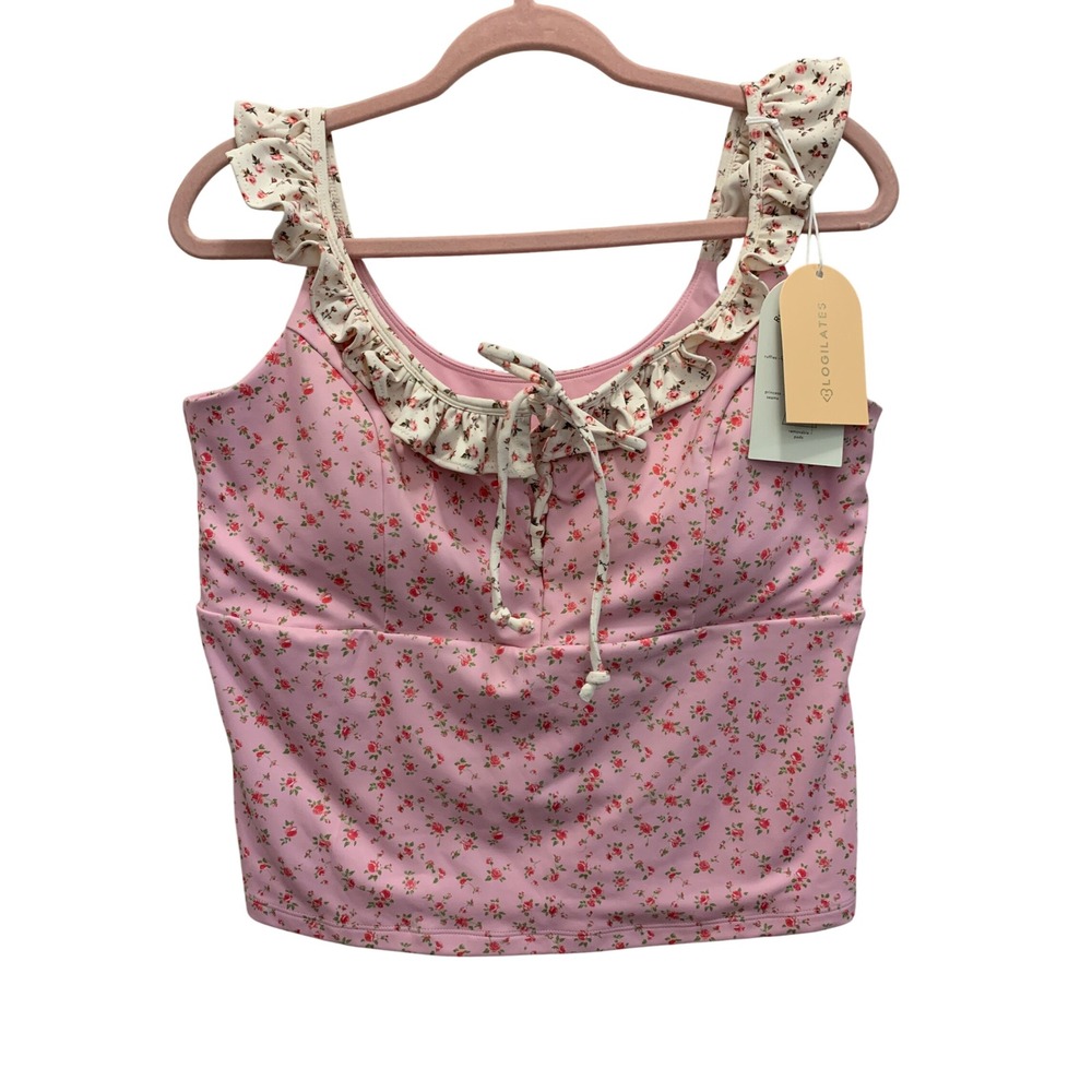 NWT Blogilates Ruffle Lace Up Tank Pink Floral Balletcore Built In Bra Plus 1X